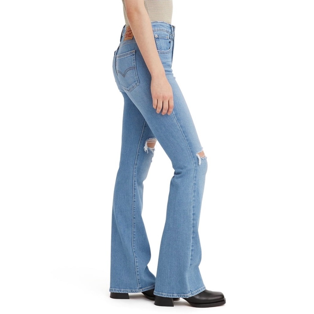 Levis 726 High Rise Flare Distressed Jeans light blue holes boho western